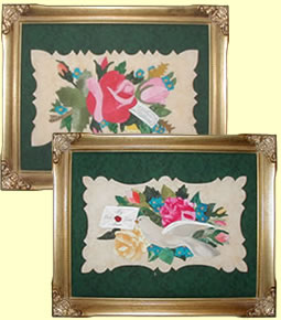 Framed samples of appliqued Calling Cards by Jeni Buechel